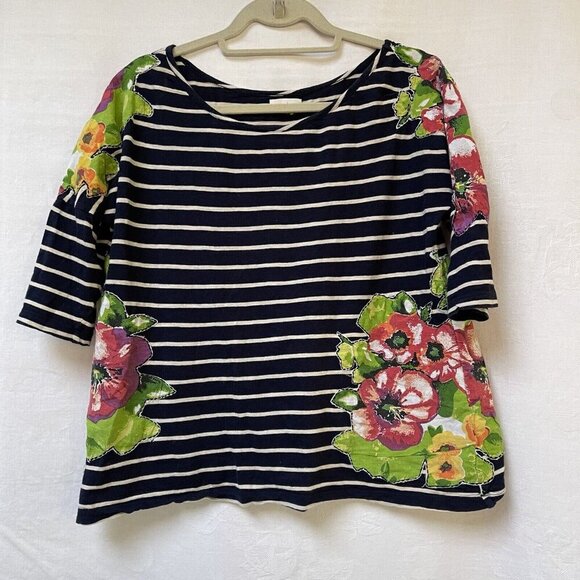 Anthropologie Meadow Rue Lanthe Blue Striped Floral Blouse Womens Medium Cottage - Picture 1 of 9